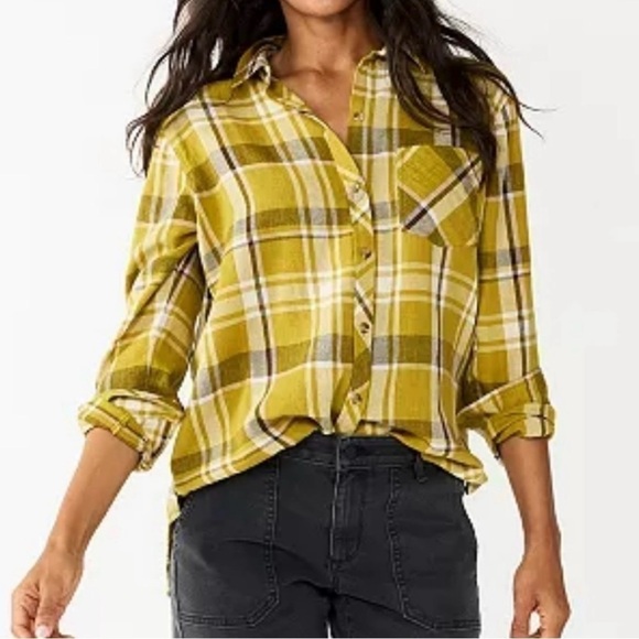 SONOMA, WOMENS, LONG SLEEVE, BUTTON DOWN SHIRT. GREEN/GOLD PLAID. SIZE L - Picture 1 of 7